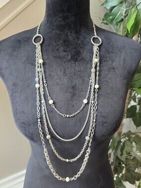 Silver Tone Multi Layer Draped Chain Faux Pearl Statement Necklace